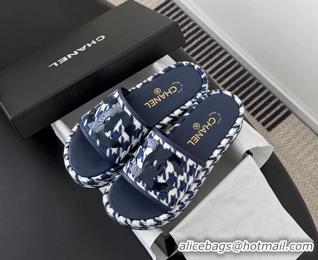 Best Price Chanel CC Logo Tweed Raffia Flat Slides Sandals Shoes 6051109 Blue White