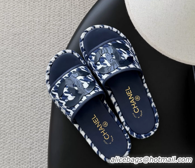 Best Price Chanel CC Logo Tweed Raffia Flat Slides Sandals Shoes 6051109 Blue White