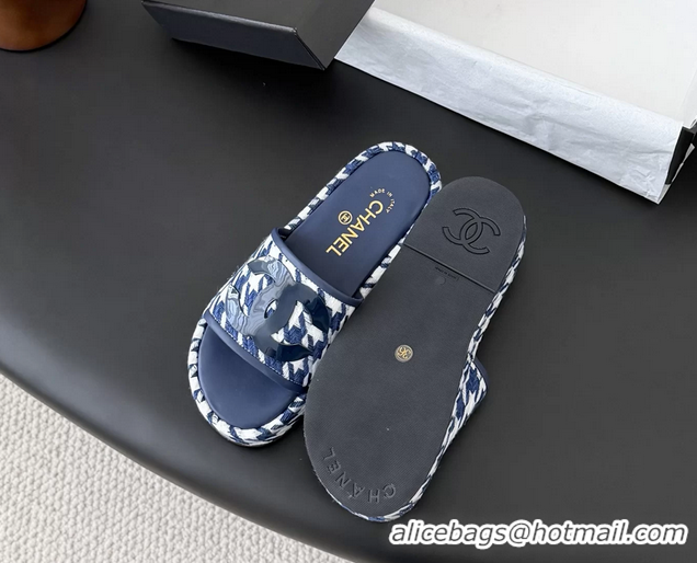 Best Price Chanel CC Logo Tweed Raffia Flat Slides Sandals Shoes 6051109 Blue White
