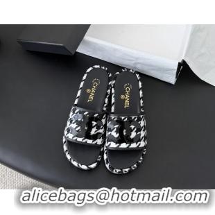 Most Popular Chanel CC Logo Tweed Raffia Flat Slides Sandals Shoes 6051109 Black White