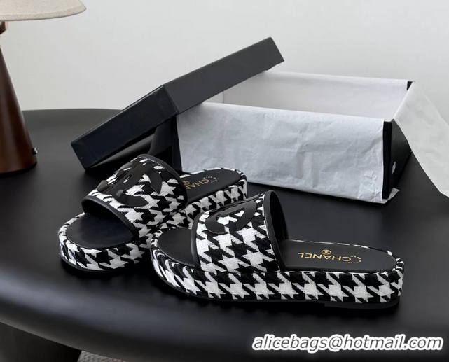 Most Popular Chanel CC Logo Tweed Raffia Flat Slides Sandals Shoes 6051109 Black White
