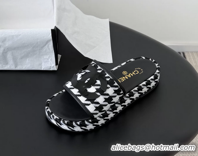 Most Popular Chanel CC Logo Tweed Raffia Flat Slides Sandals Shoes 6051109 Black White