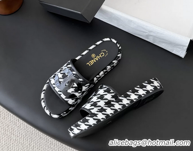 Most Popular Chanel CC Logo Tweed Raffia Flat Slides Sandals Shoes 6051109 Black White