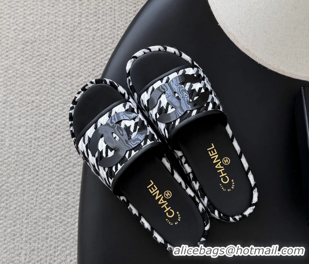 Most Popular Chanel CC Logo Tweed Raffia Flat Slides Sandals Shoes 6051109 Black White