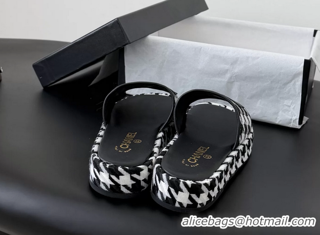 Most Popular Chanel CC Logo Tweed Raffia Flat Slides Sandals Shoes 6051109 Black White