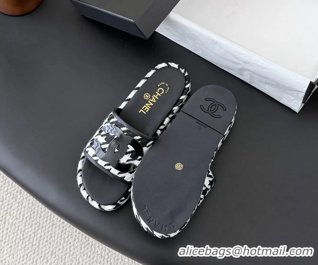 Most Popular Chanel CC Logo Tweed Raffia Flat Slides Sandals Shoes 6051109 Black White