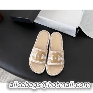 Discount Chanel CC Logo Tweed Raffia Flat Slides Sandals Shoes 6051201 Beige White