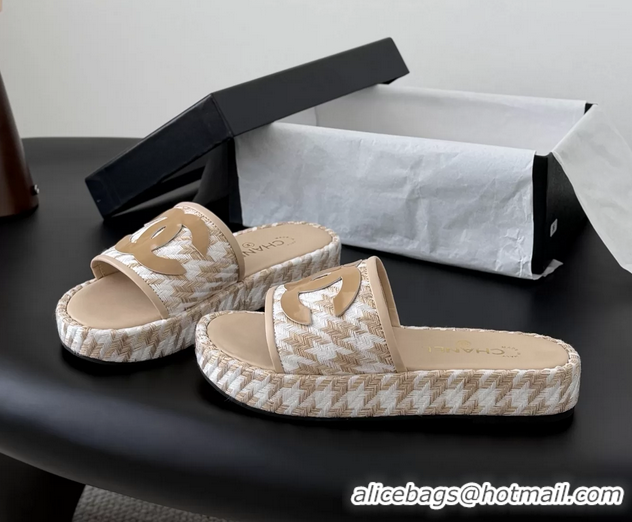 Discount Chanel CC Logo Tweed Raffia Flat Slides Sandals Shoes 6051201 Beige White