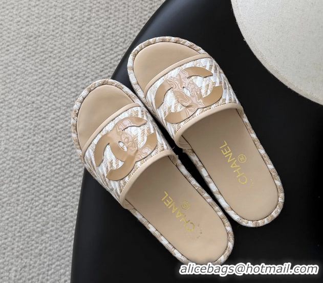 Discount Chanel CC Logo Tweed Raffia Flat Slides Sandals Shoes 6051201 Beige White