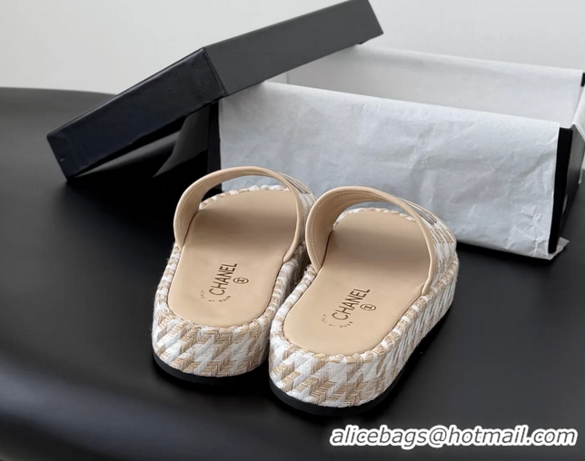 Discount Chanel CC Logo Tweed Raffia Flat Slides Sandals Shoes 6051201 Beige White