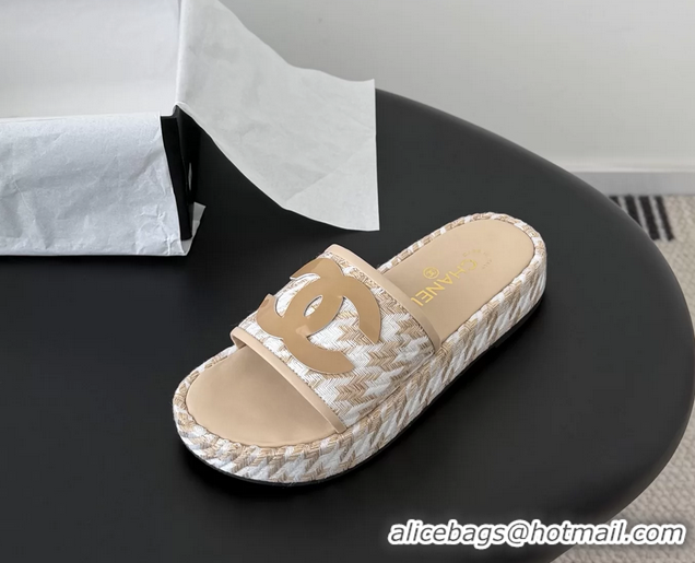 Discount Chanel CC Logo Tweed Raffia Flat Slides Sandals Shoes 6051201 Beige White