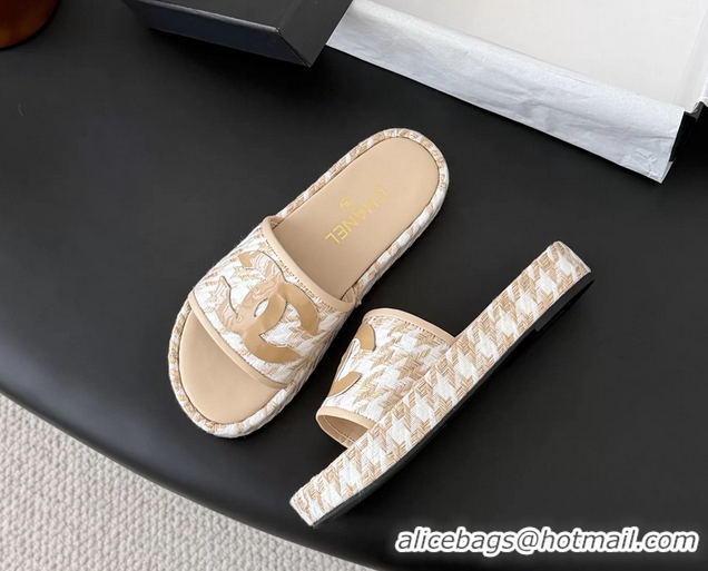 Discount Chanel CC Logo Tweed Raffia Flat Slides Sandals Shoes 6051201 Beige White
