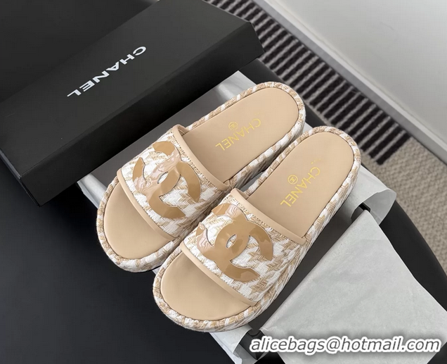 Discount Chanel CC Logo Tweed Raffia Flat Slides Sandals Shoes 6051201 Beige White