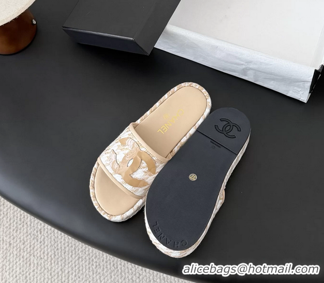 Discount Chanel CC Logo Tweed Raffia Flat Slides Sandals Shoes 6051201 Beige White