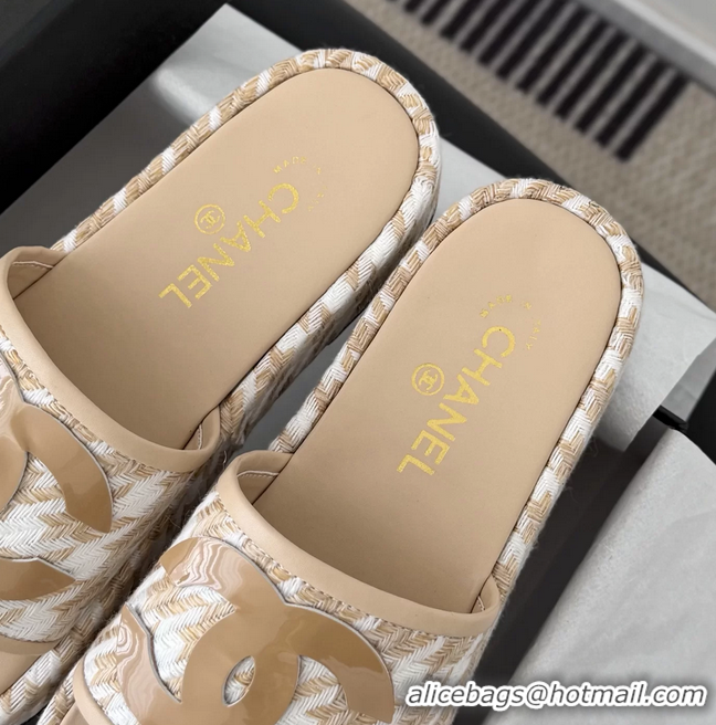 Discount Chanel CC Logo Tweed Raffia Flat Slides Sandals Shoes 6051201 Beige White