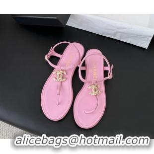 Classic Chanel CC Logo Pink Leather Thong Flat Sandals Shoes 6051202