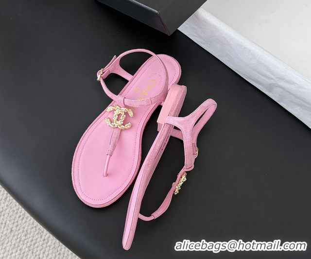 Classic Chanel CC Logo Pink Leather Thong Flat Sandals Shoes 6051202