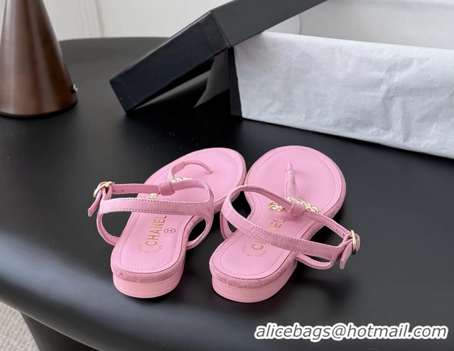 Classic Chanel CC Logo Pink Leather Thong Flat Sandals Shoes 6051202