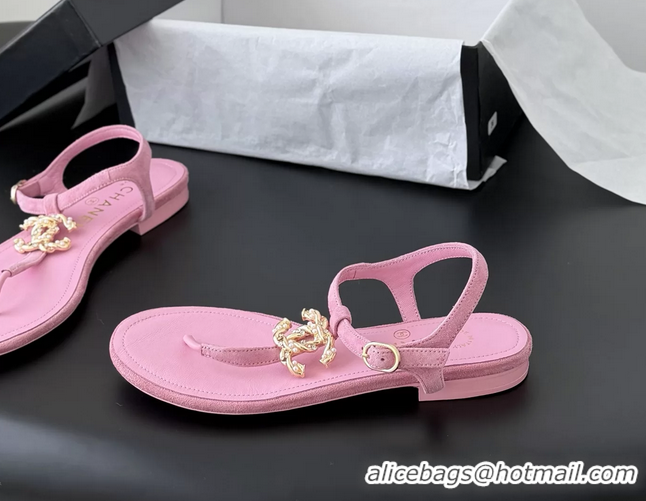 Classic Chanel CC Logo Pink Leather Thong Flat Sandals Shoes 6051202