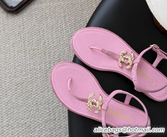 Classic Chanel CC Logo Pink Leather Thong Flat Sandals Shoes 6051202