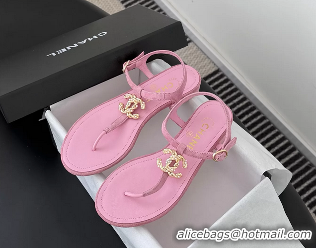 Classic Chanel CC Logo Pink Leather Thong Flat Sandals Shoes 6051202