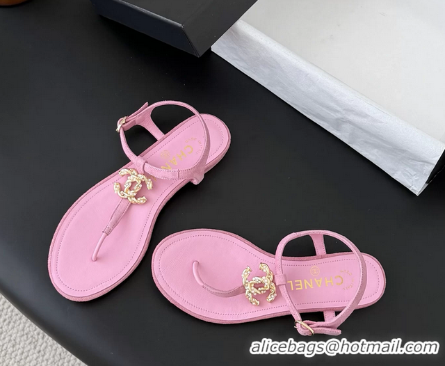 Classic Chanel CC Logo Pink Leather Thong Flat Sandals Shoes 6051202
