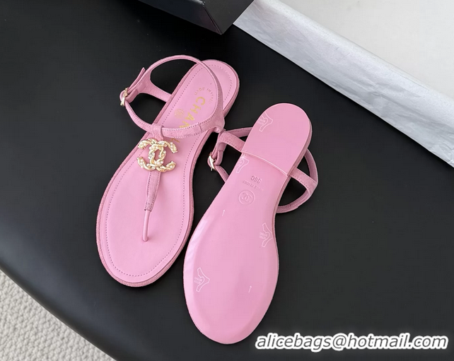 Classic Chanel CC Logo Pink Leather Thong Flat Sandals Shoes 6051202
