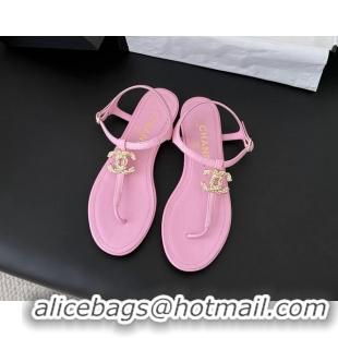 Lowest Cost Chanel CC Logo Pink Leather Thong Flat Sandals Shoes 6051203