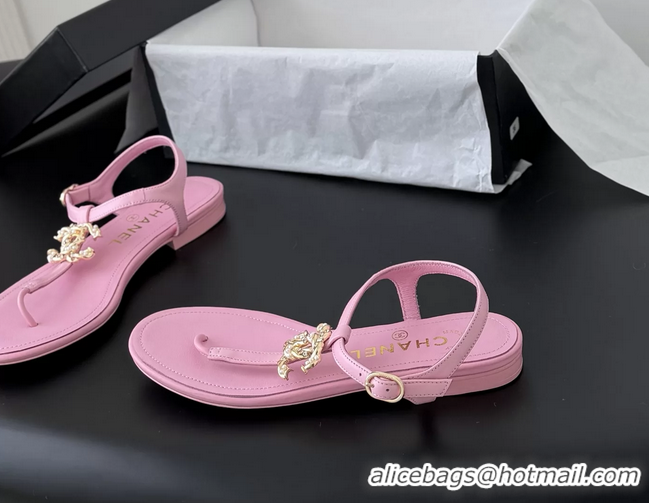 Lowest Cost Chanel CC Logo Pink Leather Thong Flat Sandals Shoes 6051203