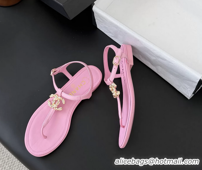 Lowest Cost Chanel CC Logo Pink Leather Thong Flat Sandals Shoes 6051203