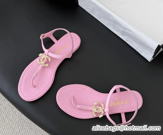 Lowest Cost Chanel CC Logo Pink Leather Thong Flat Sandals Shoes 6051203