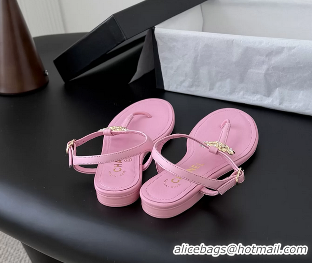 Lowest Cost Chanel CC Logo Pink Leather Thong Flat Sandals Shoes 6051203