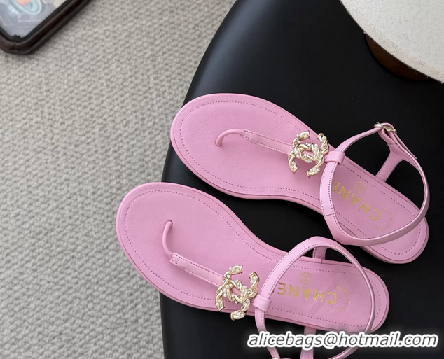 Lowest Cost Chanel CC Logo Pink Leather Thong Flat Sandals Shoes 6051203