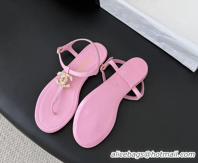 Lowest Cost Chanel CC Logo Pink Leather Thong Flat Sandals Shoes 6051203