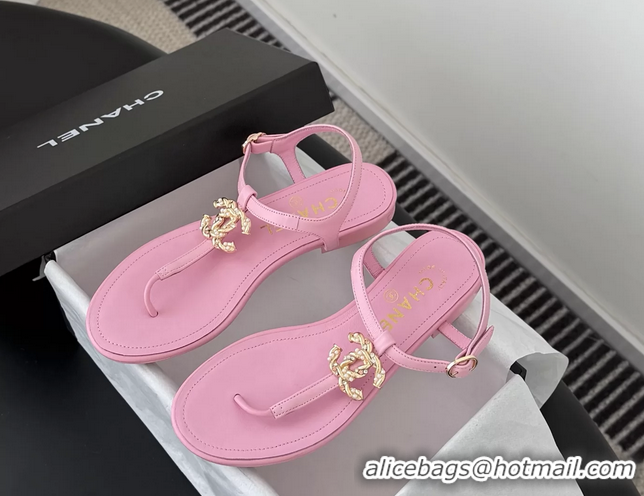 Lowest Cost Chanel CC Logo Pink Leather Thong Flat Sandals Shoes 6051203