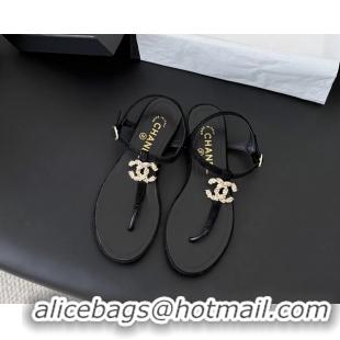 Fashion Chanel CC Logo Black Leather Thong Flat Sandals Shoes 6051203