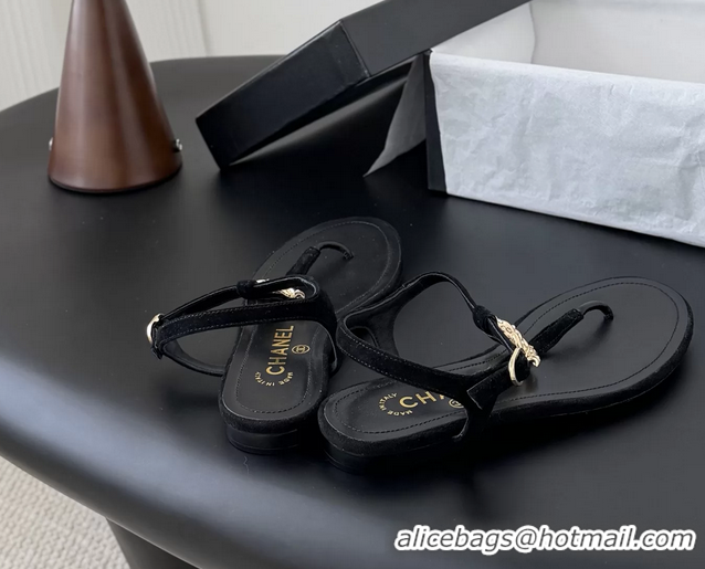 Fashion Chanel CC Logo Black Leather Thong Flat Sandals Shoes 6051203