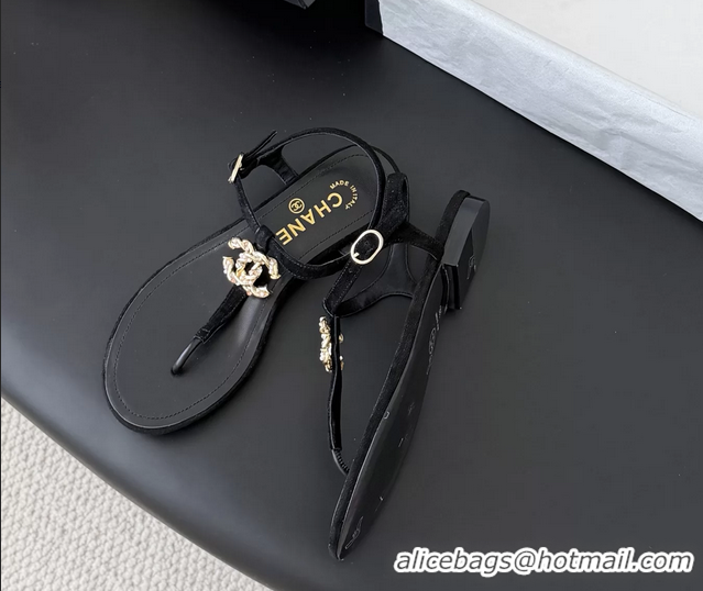 Fashion Chanel CC Logo Black Leather Thong Flat Sandals Shoes 6051203