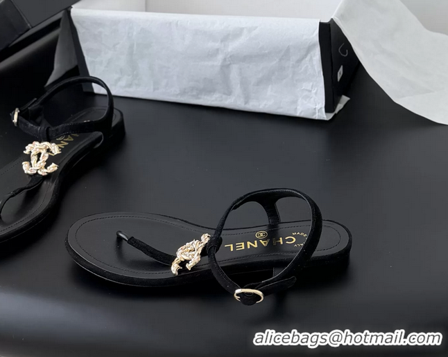Fashion Chanel CC Logo Black Leather Thong Flat Sandals Shoes 6051203