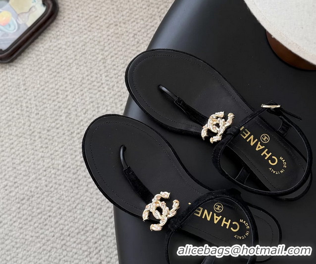 Fashion Chanel CC Logo Black Leather Thong Flat Sandals Shoes 6051203
