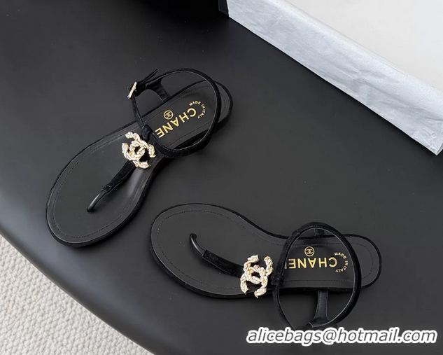 Fashion Chanel CC Logo Black Leather Thong Flat Sandals Shoes 6051203