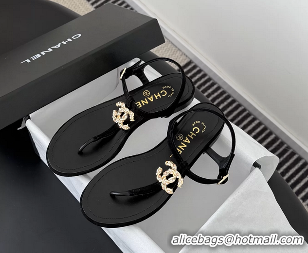 Fashion Chanel CC Logo Black Leather Thong Flat Sandals Shoes 6051203
