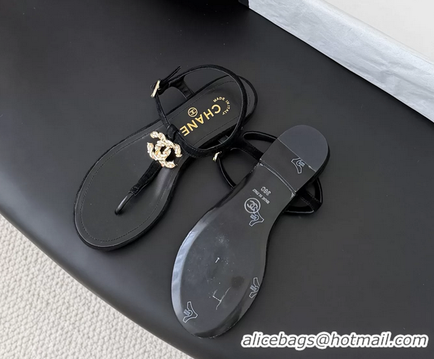 Fashion Chanel CC Logo Black Leather Thong Flat Sandals Shoes 6051203
