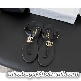 Cheap Price Chanel CC Logo Black Leather Thong Flat Sandals Shoes 6051203