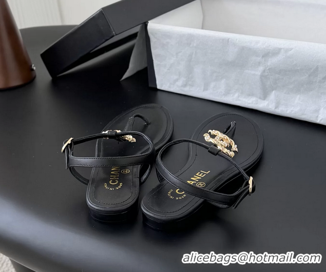 Cheap Price Chanel CC Logo Black Leather Thong Flat Sandals Shoes 6051203