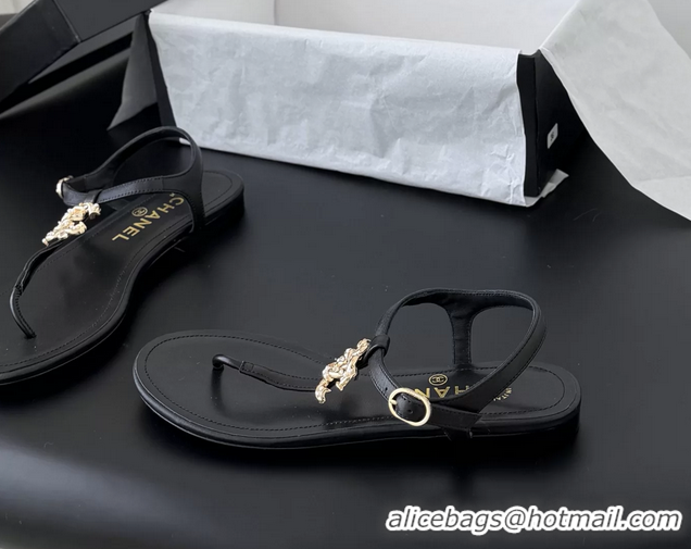 Cheap Price Chanel CC Logo Black Leather Thong Flat Sandals Shoes 6051203