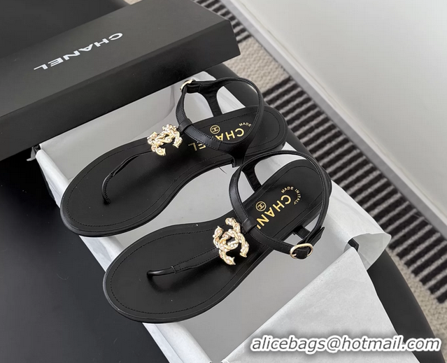 Cheap Price Chanel CC Logo Black Leather Thong Flat Sandals Shoes 6051203