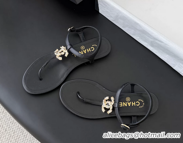 Cheap Price Chanel CC Logo Black Leather Thong Flat Sandals Shoes 6051203