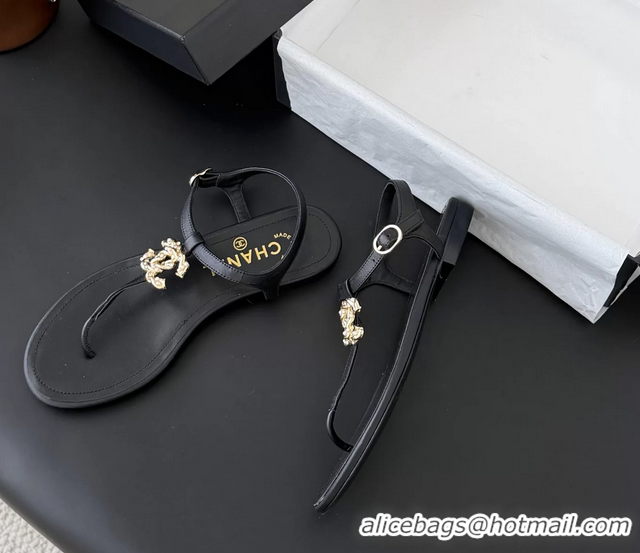 Cheap Price Chanel CC Logo Black Leather Thong Flat Sandals Shoes 6051203