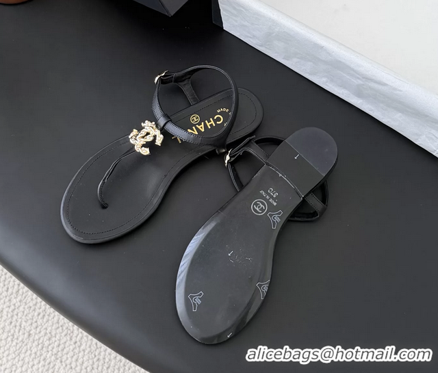 Cheap Price Chanel CC Logo Black Leather Thong Flat Sandals Shoes 6051203